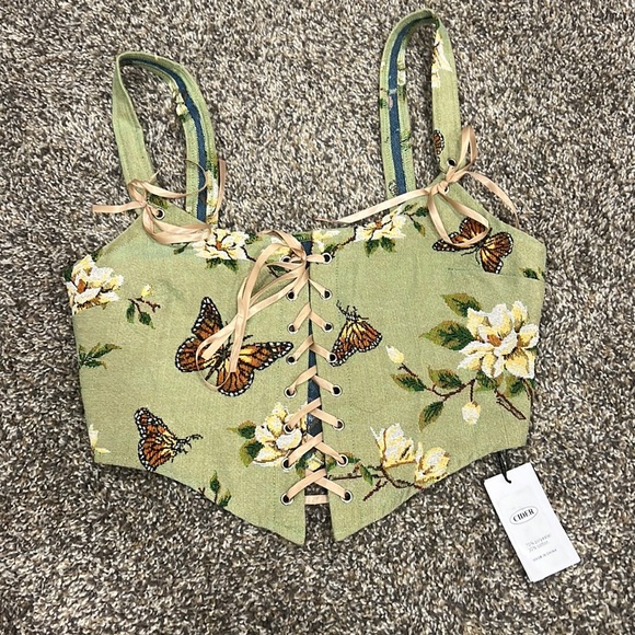 Cider Tops - Cider womens green butterfly lace-up corset top